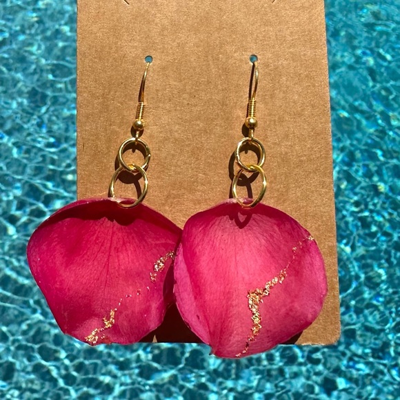 Original Pink Rose Petal Earrings with Gold Flake - Picture 3 of 5